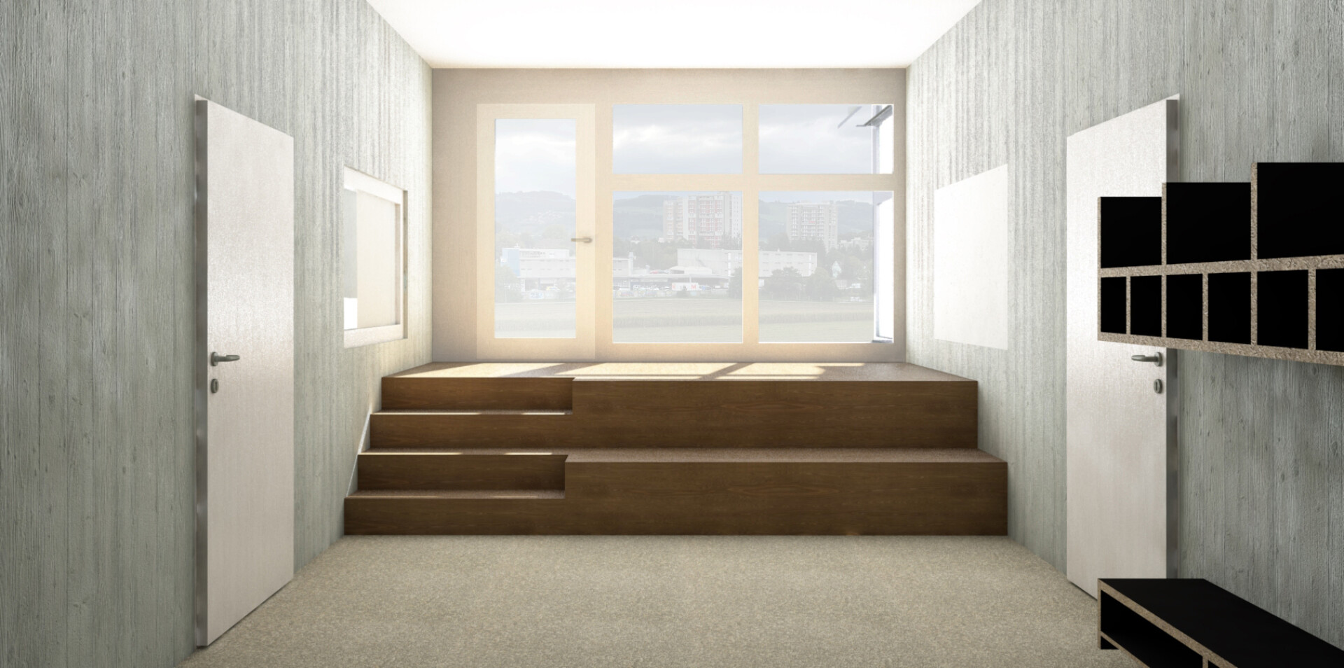 Abb 36 Visualisierung Korridor mit Sitztreppe und Garderobe im UG