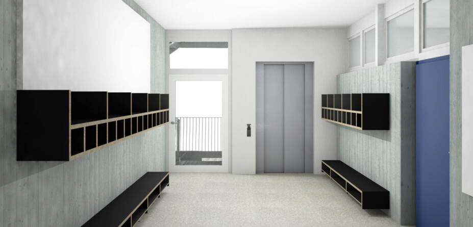 Abb 35 Visualisierung Korridor mit Garderoben und Liftportal